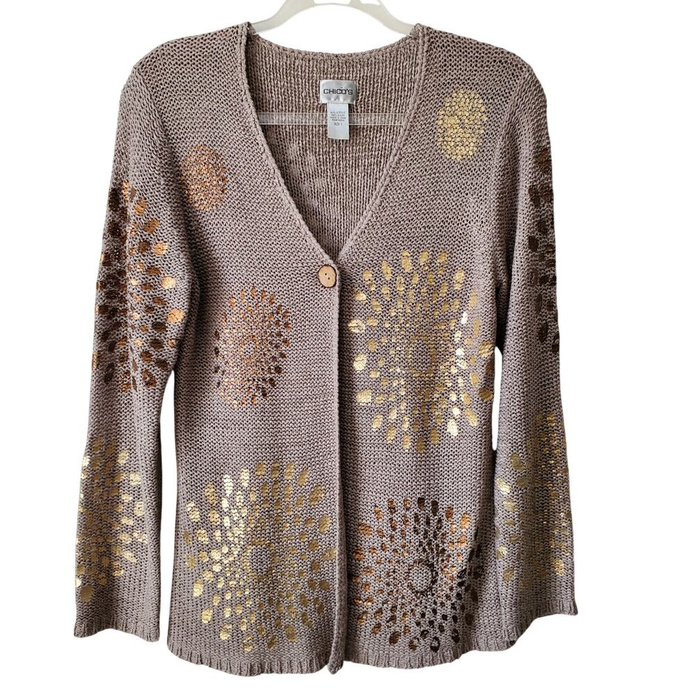 Chicos Women Tan Metallic Foil Floral Cardigan M Cocktail Beach Neutral Modern